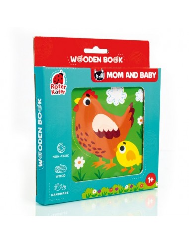 Wooden book in a box. Mom and baby
